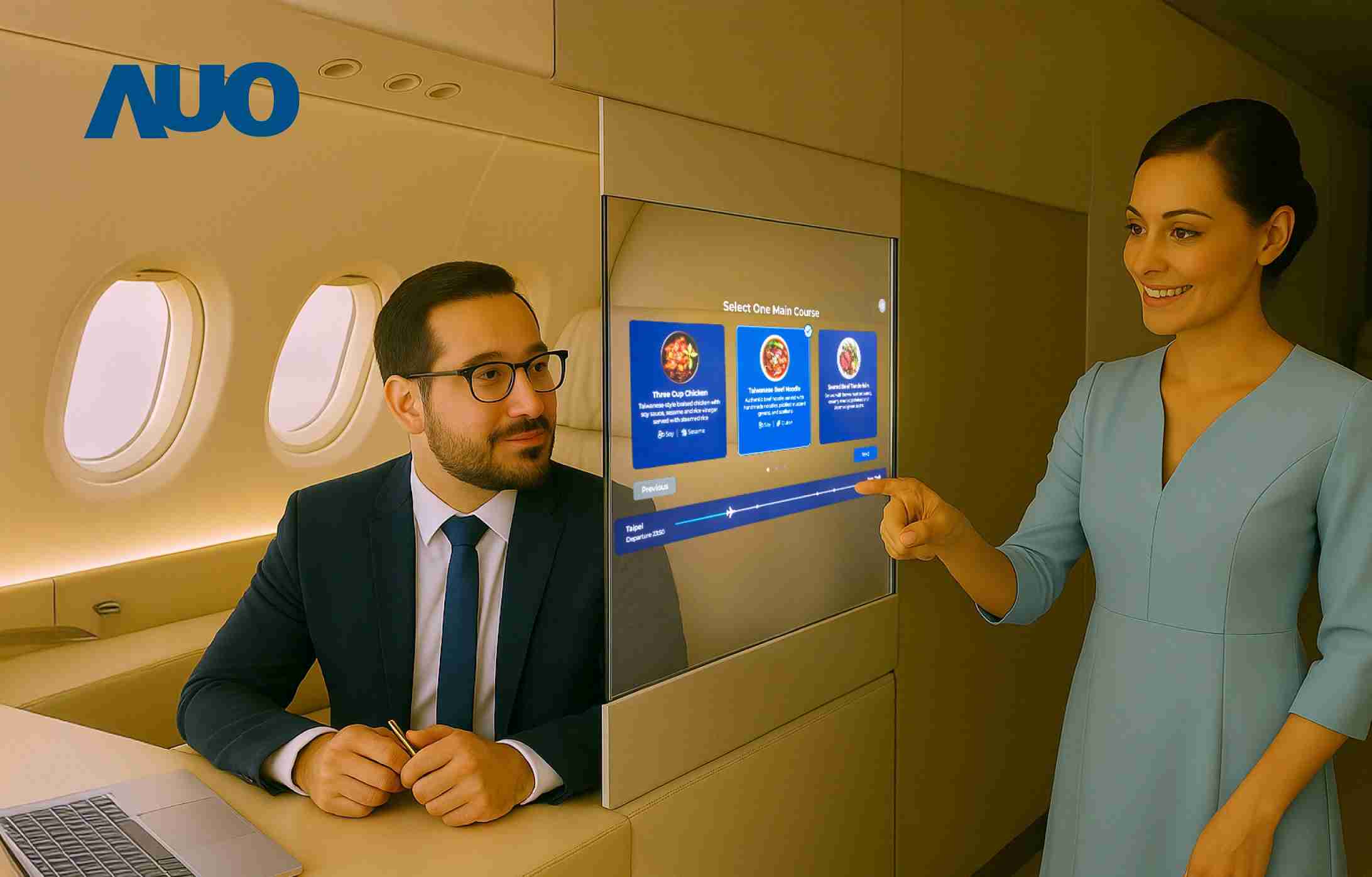 至成国际研发全球最薄17.3 吋双面透明 Micro LED 显示器，，可在同一屏幕之双边投射不同信息，，，，创造独特的”透明化”互动；图为实时翻译交流应用情境